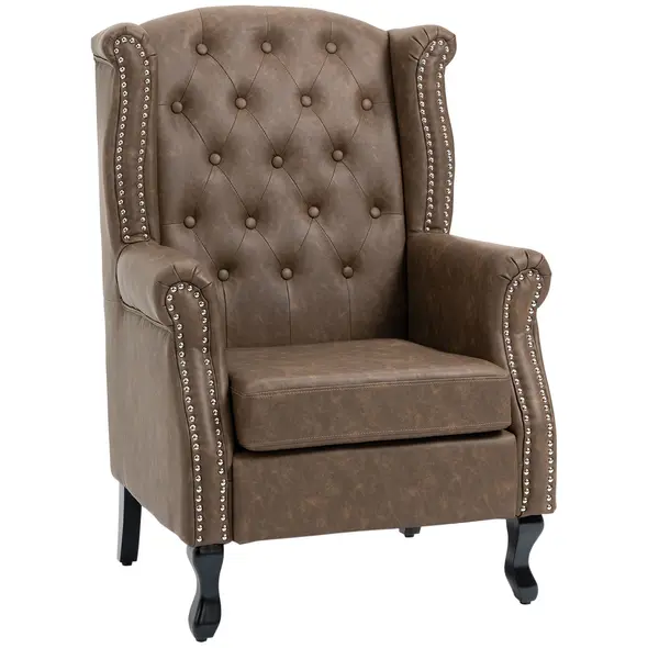 HOMCOM Wingback Accent Chair Tufted Chesterfield-style Armchair with Nail Head Trim for Living Room Bedroom Brown - 1
