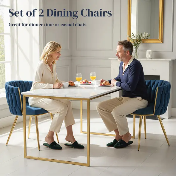 HOMCOM Velvet-Feel Dining Chairs Set of 2, Modern Upholstered Kitchen Chairs with Woven Backrest and Armrests, Metal Legs and Padded Seat for Dining Room, Bedroom, Living Room, Dark Blue - 4