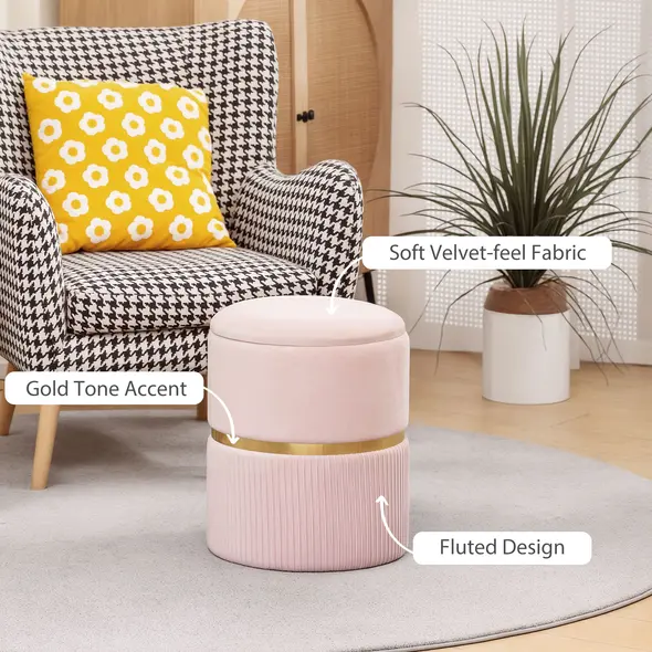 HOMCOM Velvet-Feel Storage Ottoman - Pink - 5