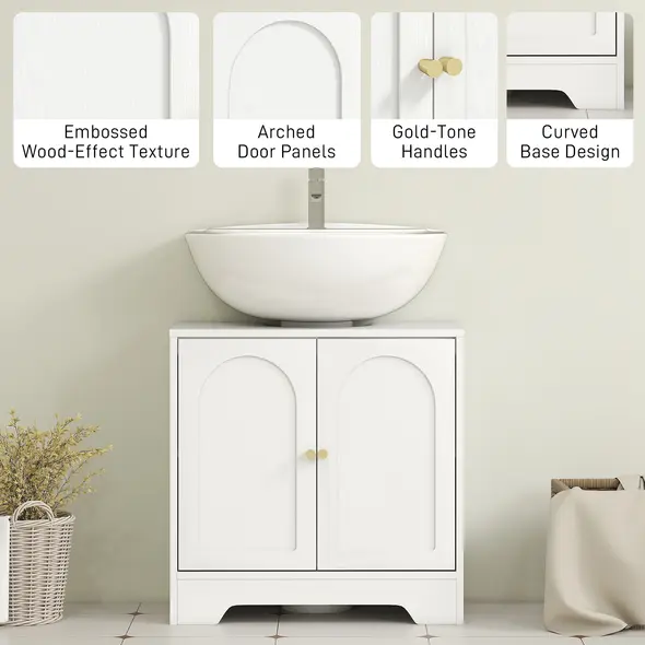 HOMCOM Under Sink Bathroom Cabinet with 2 Arch Doors - White - 7