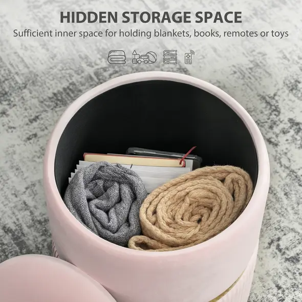 HOMCOM Velvet-Feel Storage Ottoman - Pink - 4