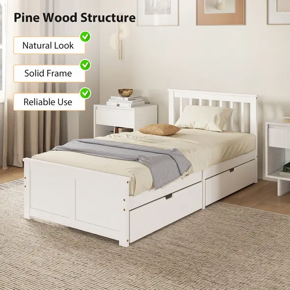 HOMCOM Wooden Single Bed Frame, with Drawers - White - 4