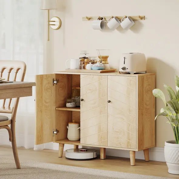 HOMCOM Vintage Sideboard with Chevron Doors and Pine Wood Legs for Living Room, Kitchen - 2