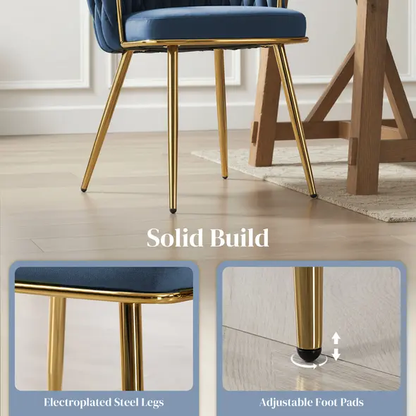 HOMCOM Velvet-Feel Dining Chairs Set of 2, Modern Upholstered Kitchen Chairs with Woven Backrest and Armrests, Metal Legs and Padded Seat for Dining Room, Bedroom, Living Room, Dark Blue - 7