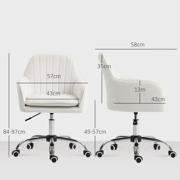HOMCOM Velvet-Feel Office Chair with Adjustable Height and Wheels - Cream White - 3