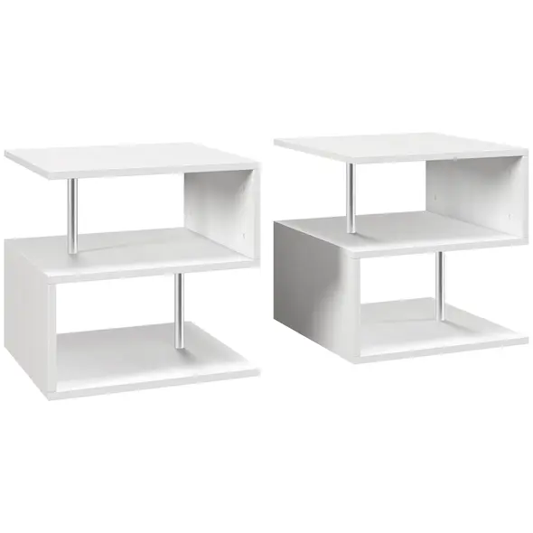 HOMCOM Wooden S Shape Cube Coffee Table 2 Tier Storage Shelves Organiser Office Bookcase Living Room End Desk Stand Display Set of 2 (White) - 1