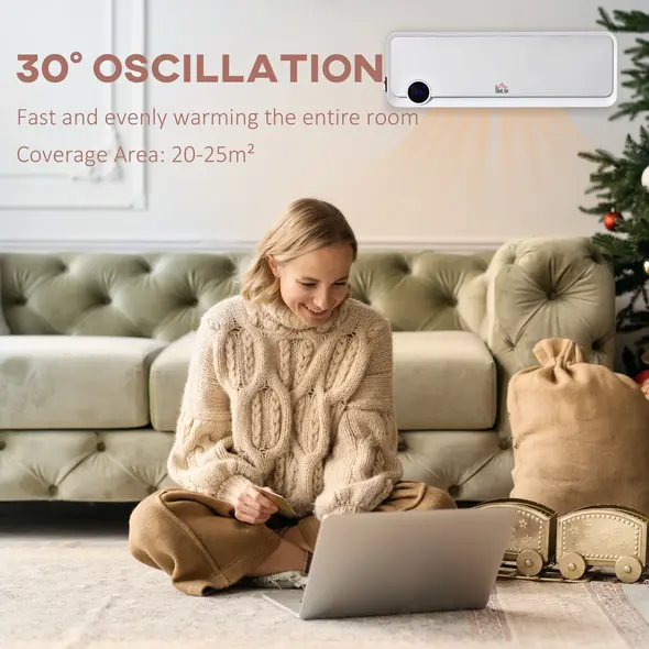 HOMCOM Wall Downflow Heater 2 Heat and Fan 1000W/2000W, Electric Space Heater with Timer Remote Oscillating, for Bedroom Home Office, White and Silver - 8