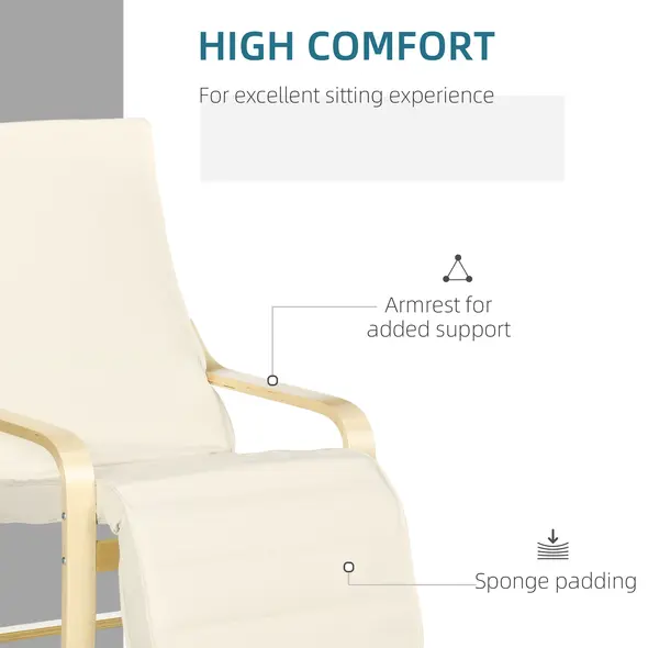 HOMCOM Wooden Armchair, Upholstered Linen Lounge Chair with Adjustable Footrest & Removable Cushion, Poang Chair for Living Room, Cream White - 5