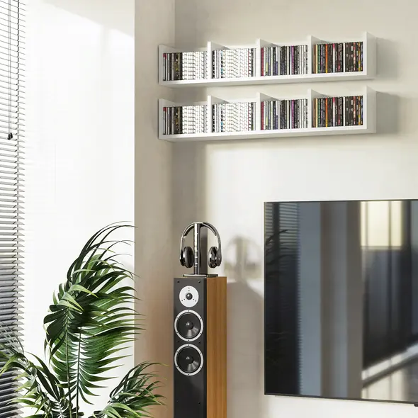 HOMCOM Wall Mount 84 CD / 56 DVD/Blu-ray/ Media Storage Rack 4 Cubes, Wooden Shelf Organiser Unit Bookcase Display, Set of 2, White - 2