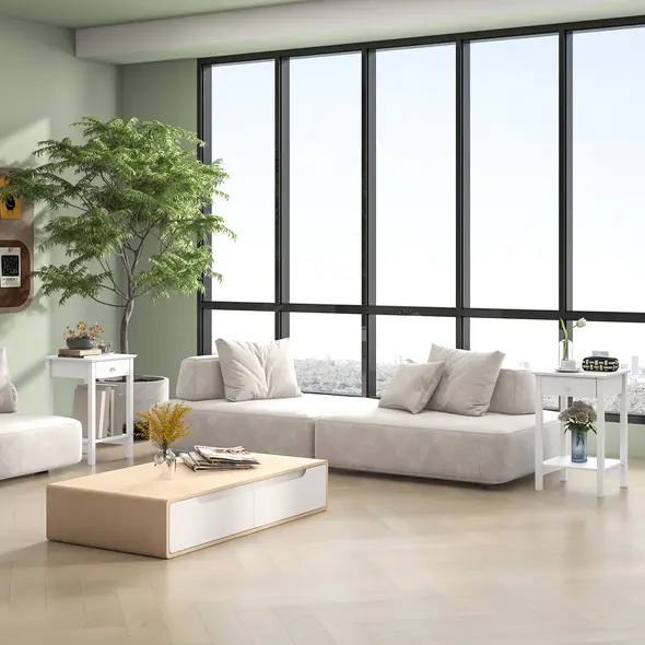 HOMCOM White Bedside Table, Wooden Side Table, Nightstand, Bedside Cabinet with Drawer and Storage Shelf for Bedroom and Living Room, Set of 2 - 2