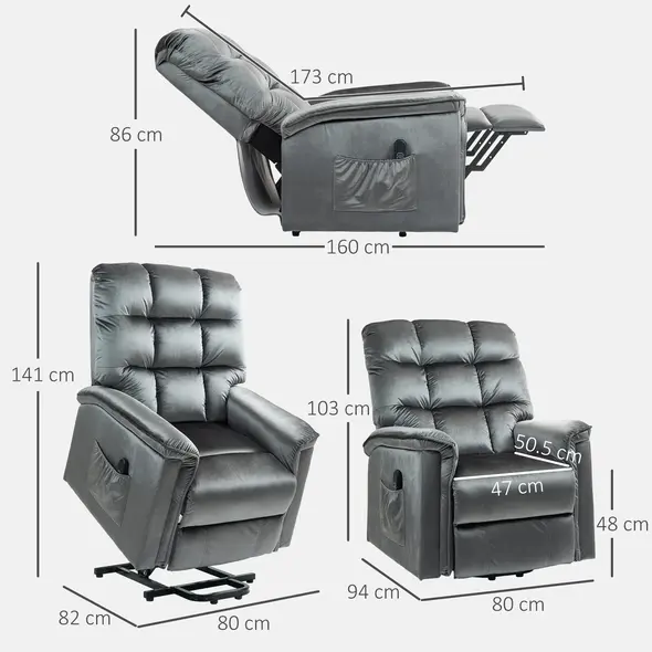 HOMCOM Velvet-Feel Electric Lift Recliner Chair - Dark Grey - 3