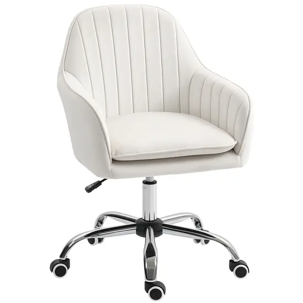 HOMCOM Velvet-Feel Office Chair with Adjustable Height and Wheels - Cream White - 1
