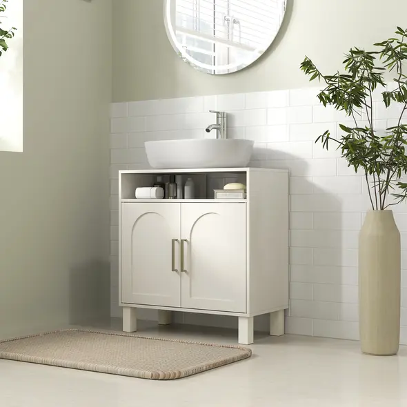 HOMCOM Under Sink Cabinet for Basin without Pedestal - Cream White - 2