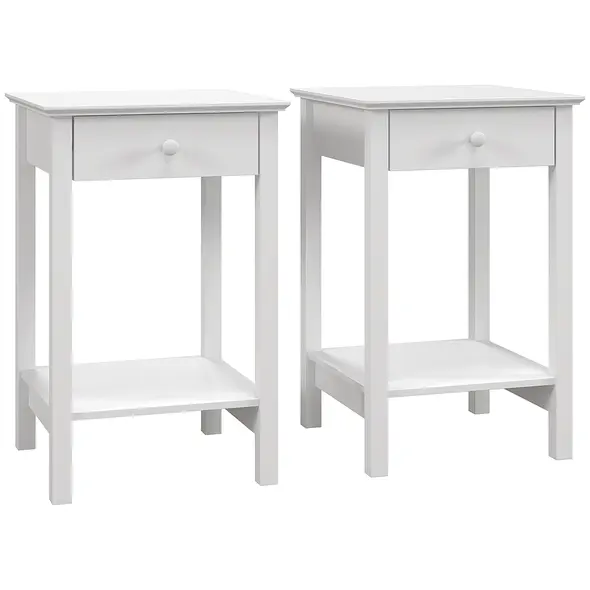 HOMCOM White Bedside Table, Wooden Side Table, Nightstand, Bedside Cabinet with Drawer and Storage Shelf for Bedroom and Living Room, Set of 2 - 1
