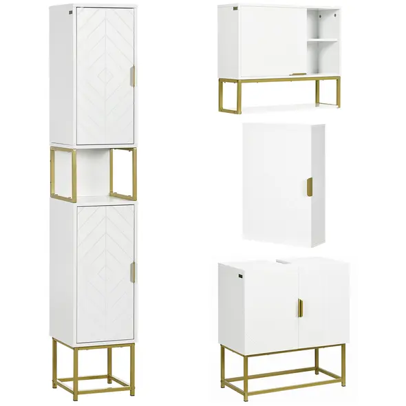 kleankin 4 Piece Bathroom Furniture Set, Freestanding Tall Bathroom Cabinet, Under Sink Storage Cabinet, 2 Wall Mounted Cabinets, White - 1