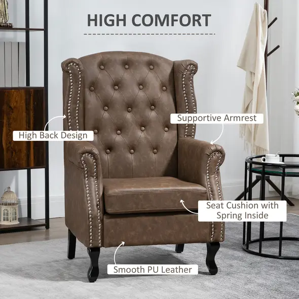 HOMCOM Wingback Accent Chair Tufted Chesterfield-style Armchair with Nail Head Trim for Living Room Bedroom Brown - 4