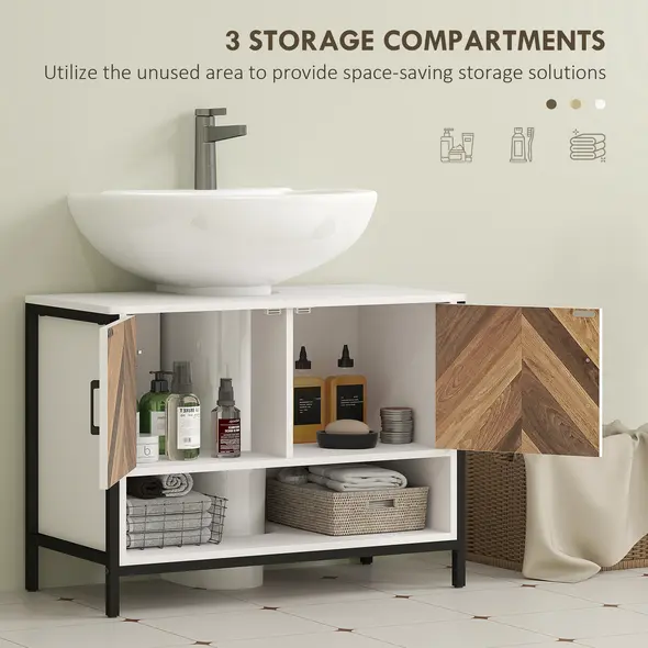 HOMCOM Under Sink Bathroom Cabinet, Rustic Under Sink Cabinet with Herringbone Doors and Open Compartment for Basin with or without Pedestal, 80 x 40 x 60cm, Cream White - 5