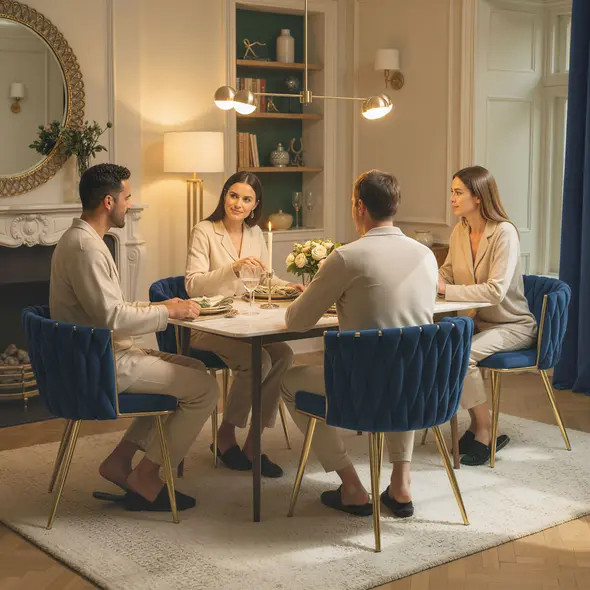 HOMCOM Velvet-Feel Dining Chairs Set of 2, Modern Upholstered Kitchen Chairs with Woven Backrest and Armrests, Metal Legs and Padded Seat for Dining Room, Bedroom, Living Room, Dark Blue - 9