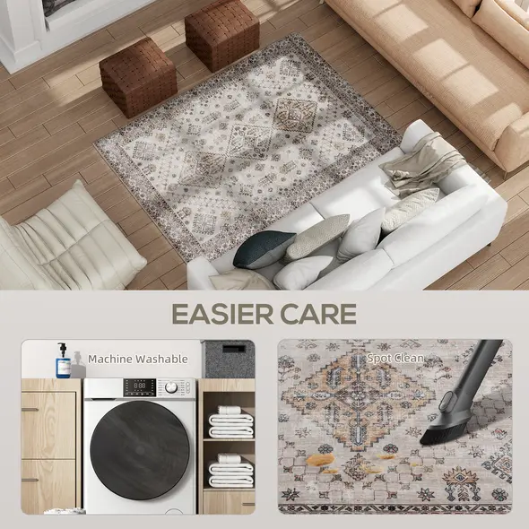 HOMCOM Vintage Area Rug, Non-Slip Washable Rug, Flannel Floor Carpet for Living Room, Bedroom, Dining Room, Home Office, 170 x 120 cm, Beige - 5