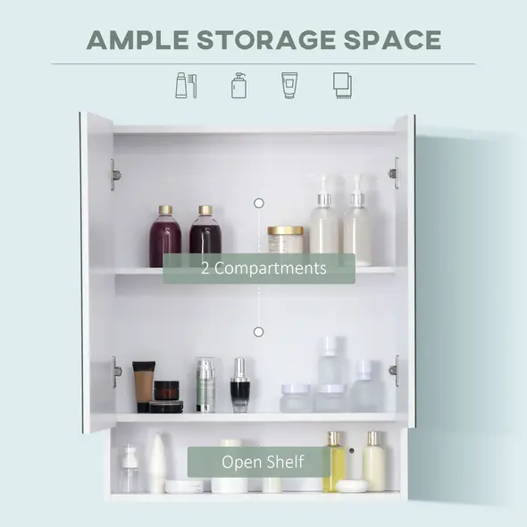 kleankin Bathroom Cabinet with Mirror, Wall Mounted Bathroom Mirror Cabinet with Adjustable Shelf, 2 Doors Storage Cupboard, White - 4