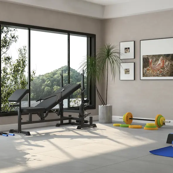 HOMCOM Weight Bench with Adjustable Barbell Rack, Leg Extension, Preacher Curl Pad and 20kg Barbell Set - 2