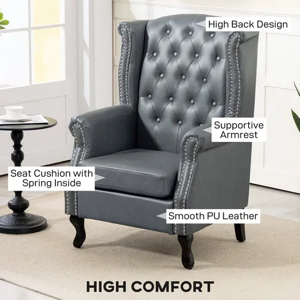 HOMCOM Wingback Accent Chair Tufted Chesterfield-style Armchair with Nail Head Trim for Living Room Bedroom Grey - 4