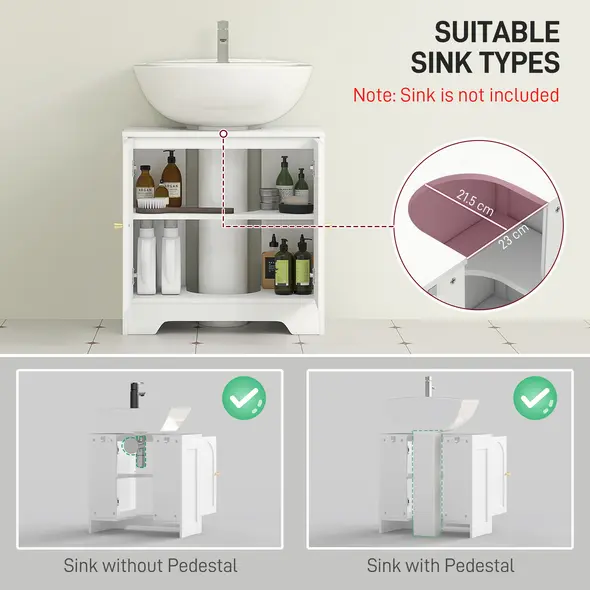 HOMCOM Under Sink Bathroom Cabinet with 2 Arch Doors - White - 4