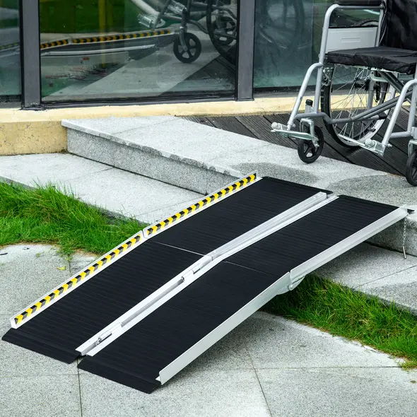HOMCOM Wheelchair Ramp, 152L x 73Wcm, 272KG Capacity, Folding Aluminium Threshold Ramp with Non-Skid Surface, Transition Plates Above and Below for Home, Steps, Stairs, Curbs, Doorways - 2