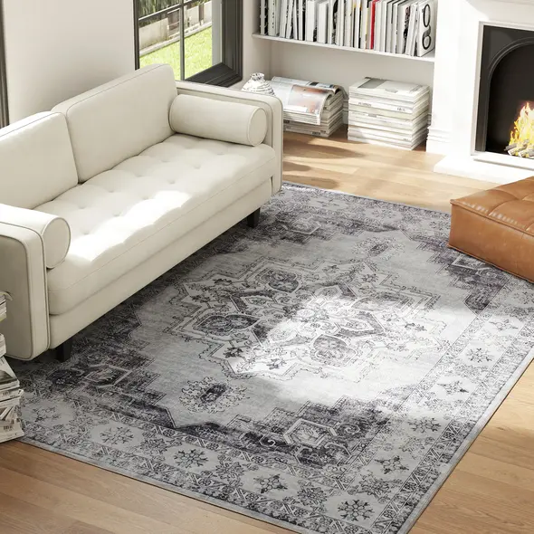 HOMCOM Vintage Area Rug, Non-Slip Washable Rug, Flannel Floor Carpet for Living Room, Bedroom, Dining Room, Home Office, 290 x 200 cm, Grey - 2
