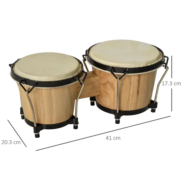 HOMCOM Wooden Bongo Drum Set Φ7.75" & Φ7" w/ Drum Head, Percussion Instrument, Drums, Tuning Wrench For Adults Beginners - 3