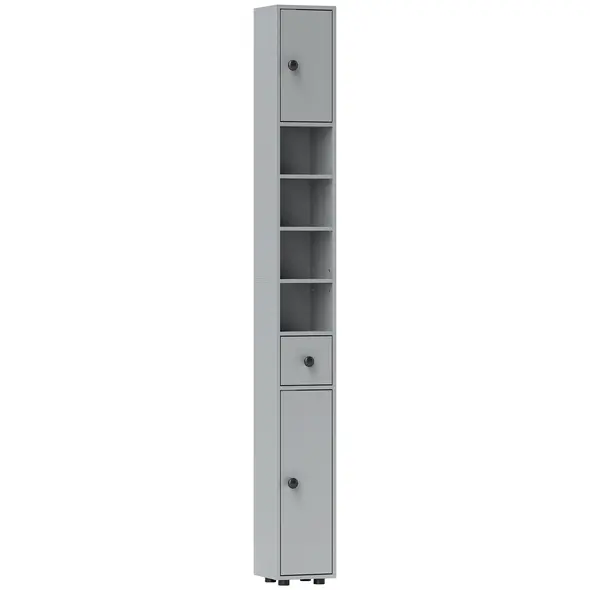 kleankin 180cm Slim Bathroom Cabinet, with Drawer, Shelves and Cupboards - Grey - 1