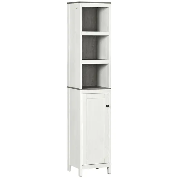 kleankin Tall Bathroom Storage Cabinet, Freestanding Tower Cabinet with 3 Open Shelves and Adjustable Shelf, Antique White - 1