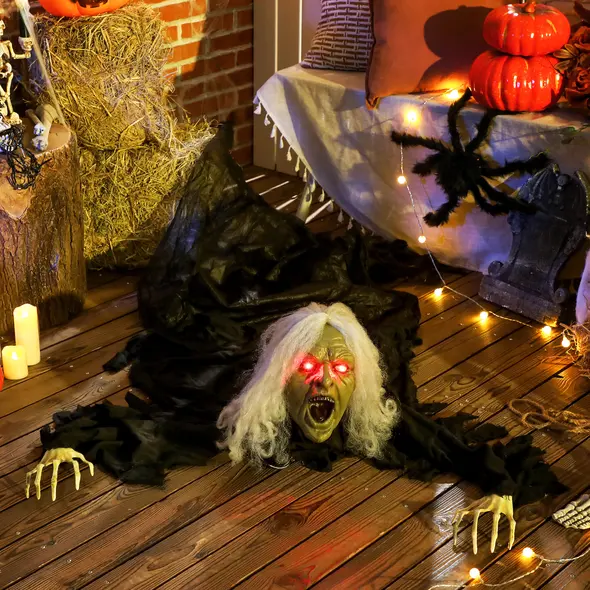 Outsunny 183 cm Life Size Halloween Animated Crawling Zombie with Glowing LED Eyes, Scary Halloween Decorations, Battery Operated, Indoor Outdoor Party Props - 2