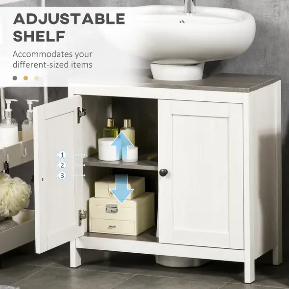 kleankin Modern Bathroom Sink Cabinet, Floor Standing Under Sink Cabinet, Freestanding Storage Cupboard with Adjustable Shelf, Double Doors, Antique White - 5
