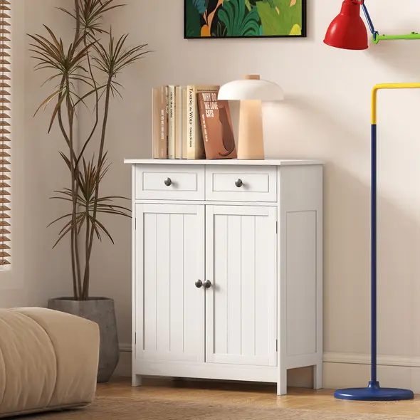 kleankin 75x60cm Freestanding Bathroom Storage Cabinet Unit w/ 2 Drawers Cupboard Adjustable Shelf Metal Handles Traditional Style White - 8