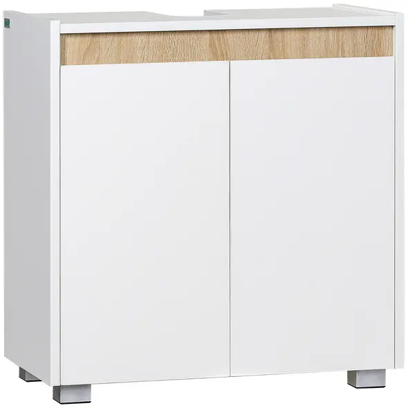 kleankin Modern Bathroom Sink Cabinet, Floor Standing Under Sink Cabinet, Freestanding Storage Cupboard with Double Doors, White - 1