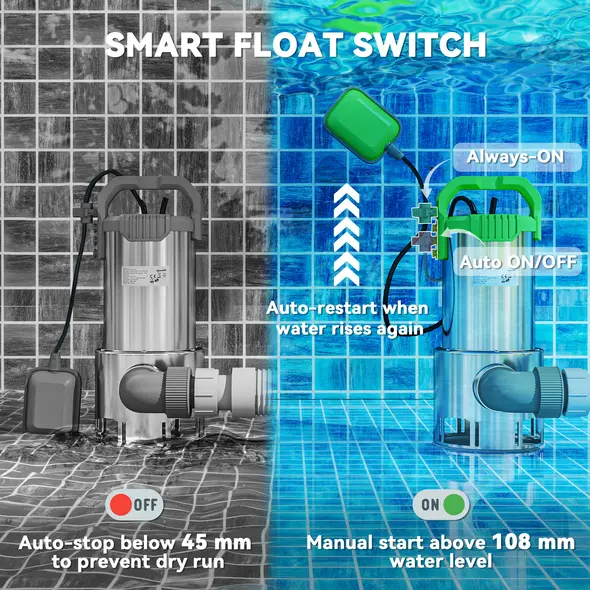 Outsunny 1100W Submersible Water Pump for Dirty/Clean Water, 18500L/H Electric Sump Pump with Float Switch, Drain Water from Garden Pond, Hot Tub, Ditches, Portable and Lightweight, Green - 6