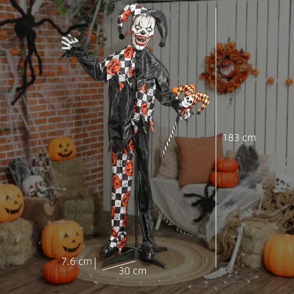 Outsunny 183 cm Life Size Halloween Animated Clown & Skull Staff with Red Light Up Eyes, Sound Activated Moving Arms & Head, Scary Clown Halloween Decorations, Battery Operated, Indoor Party Props - 3