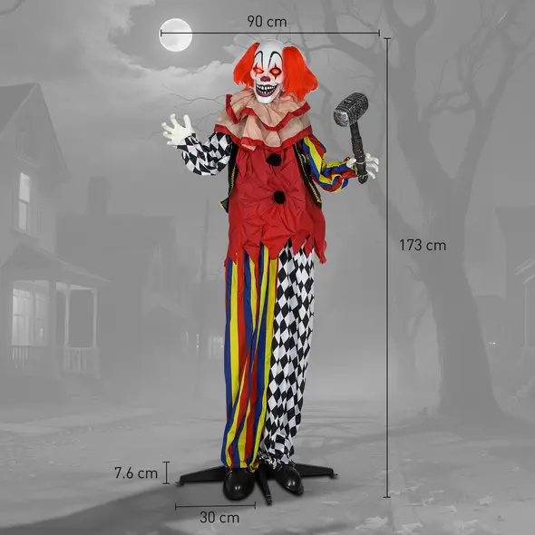 Outsunny 173 cm Life Size Halloween Animated Standing Clown & Hammer with Red Light Up Eyes, Sound Activated Moving Arms & Head, Scary Clown Halloween Decorations, Battery Operated, Indoor Party Props - 3