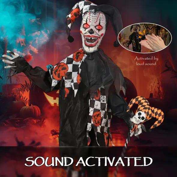 Outsunny 183 cm Life Size Halloween Animated Clown & Skull Staff with Red Light Up Eyes, Sound Activated Moving Arms & Head, Scary Clown Halloween Decorations, Battery Operated, Indoor Party Props - 5