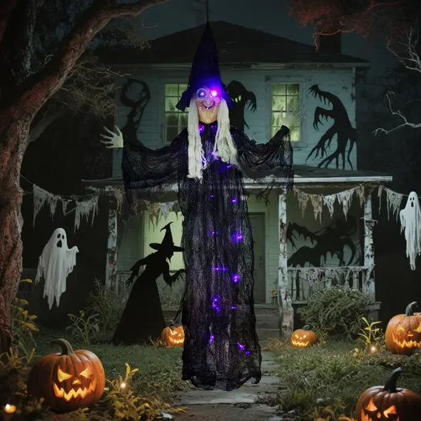 Outsunny 183 cm Life Size Halloween Animated Hanging Witch with Glowing LED Eyes & Body, Spooky Witch Scary Halloween Decorations, Battery Operated, Indoor Party Props - 8