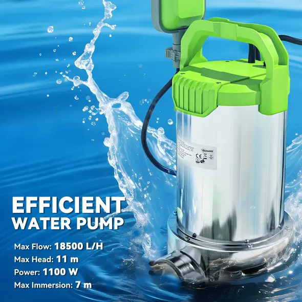 Outsunny 1100W Submersible Water Pump for Dirty/Clean Water, 18500L/H Electric Sump Pump with Float Switch, Drain Water from Garden Pond, Hot Tub, Ditches, Portable and Lightweight, Green - 4