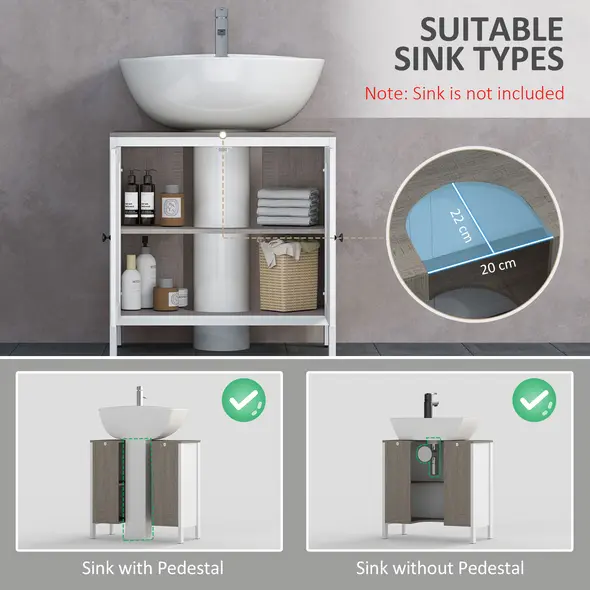 kleankin Modern Bathroom Sink Cabinet, Floor Standing Under Sink Cabinet, Freestanding Storage Cupboard with Adjustable Shelf, Double Doors, Antique White - 4