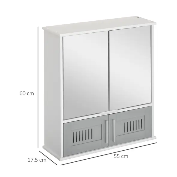 kleankin Bathroom Mirror Cabinet, Wall Mounted Storage Cupboard with Double Doors and Adjustable Shelf, Bathroom Organizer, Grey - 3