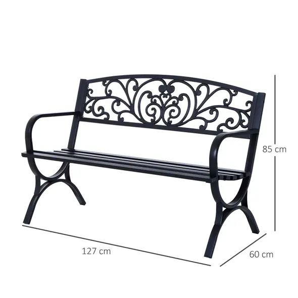 Outsunny 127L x 60W x 85H cm Powder Coated Garden Bench for Patio Backyard, Steel-Black - 3