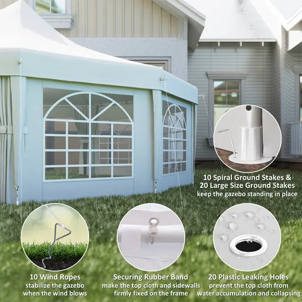 Outsunny 10 Sides Decagonal Garden Gazebo Marquee Party Tent Wedding Canopy Outdoor Heavy Duty Metal Frame (8.9m x 6.5m) - White - 4