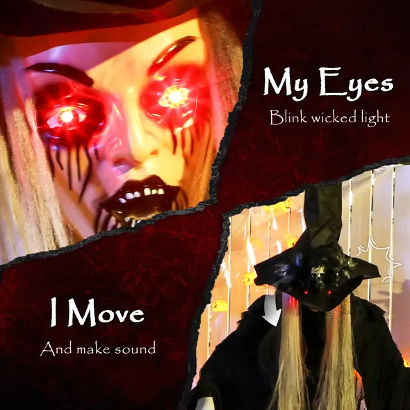 Outsunny 170 cm Life Size Halloween Animated Standing Witch & Staff with Glowing LED Eyes, Spooky Witch Scary Halloween Decorations, Battery Operated, Indoor Party Props - 4