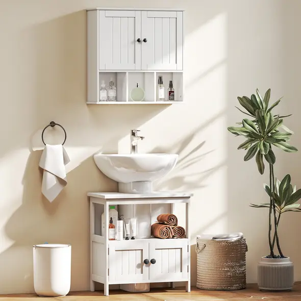 kleankin Pedestal Under Sink Cabinet with Double Doors, Modern Bathroom Vanity Storage Unit with Shelves, White - 8