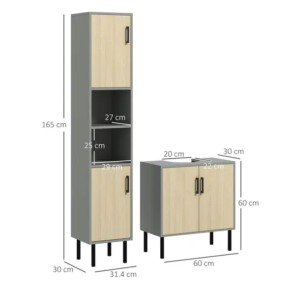 kleankin Bathroom Furniture Set with Doors, Tall Bathroom Cabinet with Adjustable Shelves, Under Sink Cabinet, Grey - 3