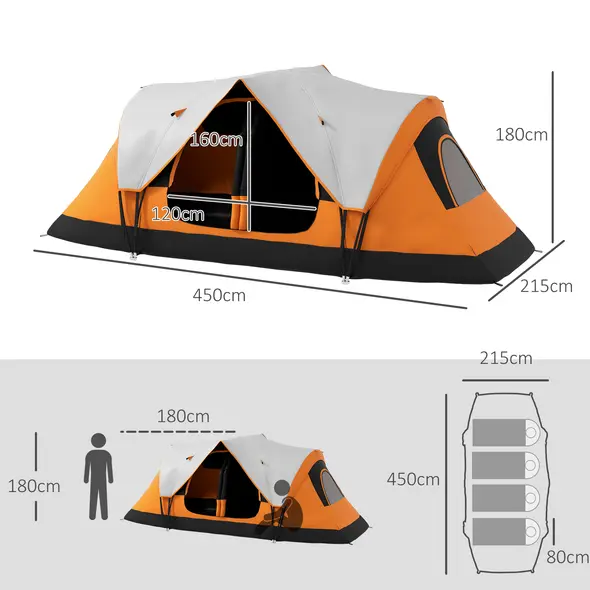Outsunny 2 Bedroom Tent Six-man Seates Family Camping for Outdoor Adventure, Orange - 3